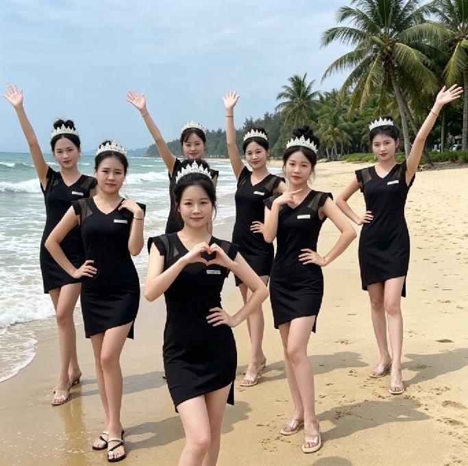 华纳万宝路客服微信礼仪模特团队沙滩合影，统一黑色礼服队服